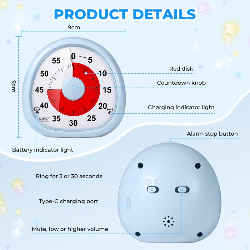 Diboniur Visueller Timer Kinder Wiederaufladbar, 60 Minuten Countdown Timer, Schreibtisch