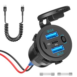 12V USB C Outlet 90W 4 Ports Car Charger Socket, Dual PD 36W and Dual QC 18W Car USB Port 12V Charger with Button Switch and C to C Cable, Suitable for Boat Marine Bus Truck Golf RV Motorcycle