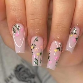 Vezocim Press on Nails Coffin with Flower Designs, 24Pcs Artificial Medium Square Fake Nails with Glue, Glossy Full Cover Acrylic Tulip Floral False Nails, Stick on Fingernails for Women (W512)