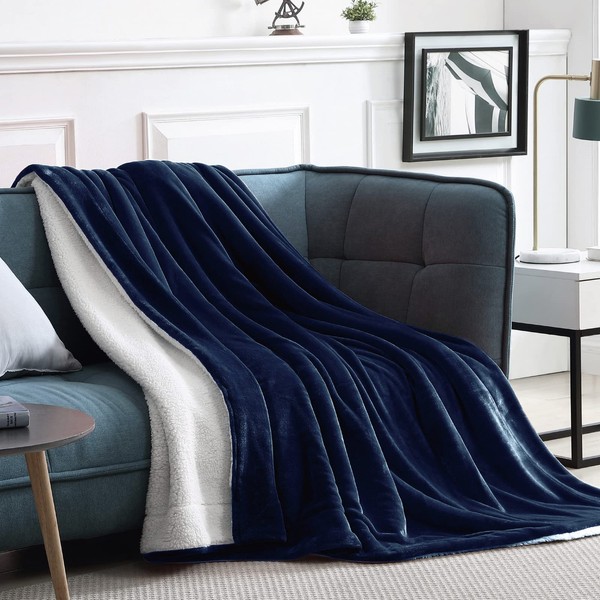 Walensee Sherpa Fleece Blanket (King Size 108”x90” Navy) Plush Throw