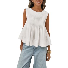 Megfie Womens Summer Pleated Peplum Sleeveless Blouse Tank Tops Round Neck Y2K Babydoll Blouse Shirt(0869-White-S)
