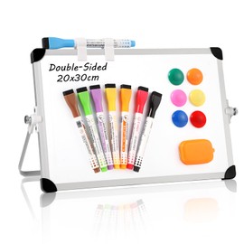 Dry Erase Small Whiteboard, A4 Mini White Board 20x30cm Double Sided Whiteboard with Stand, Magnetic Desktop White Board with 8 Pens, 6 Magnets, 2 Pen Holder,1 Eraser for Kids School Home Office