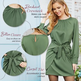G&Y Women's Satin Tie Waist Mini Dresses - Long Sleeve Solid Party Short Dresses(Army Green,M)