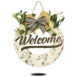 fesumean Summer Buffalo Lily Check Door Wreath, Flower White Farmhouse Porch Decor, Welcome Wooden Sign, Hanger for Front Door, Kitchen Decoration - 12 Inch