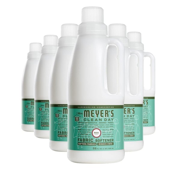 MRS. MEYER'S CLEAN DAY Liquid Fabric Softener, Infused with Essential Oils, Paraben Free, Basil, 32 oz - Pack of 6 (192 Loads)