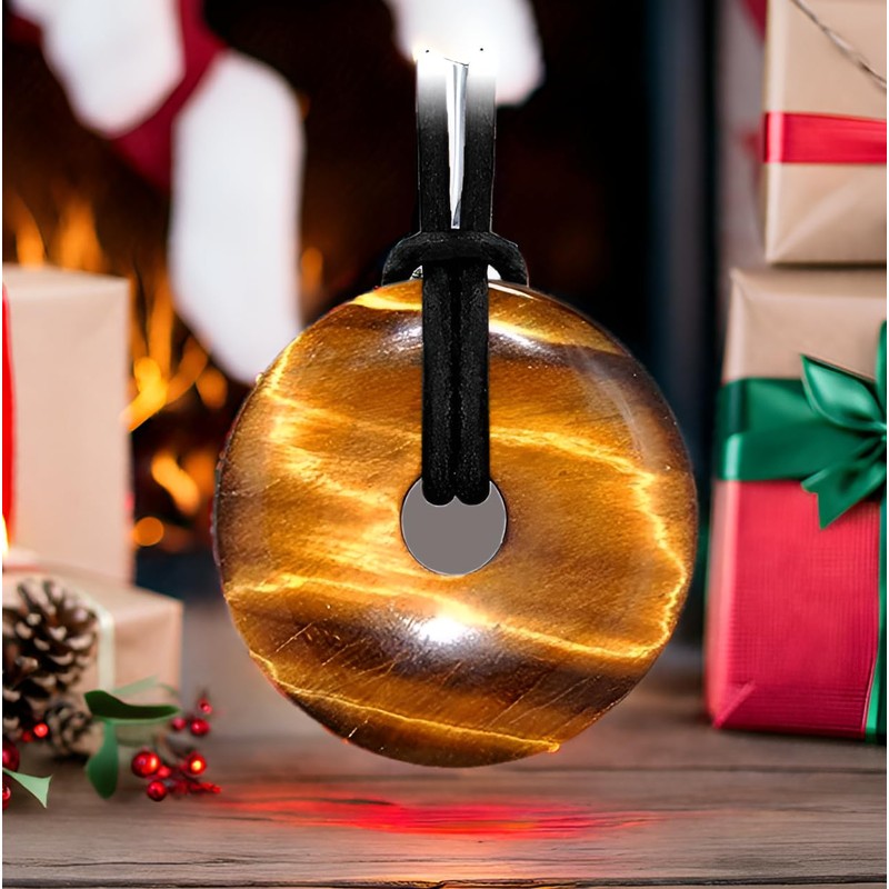 Kaltner Presents Necklace Tiger Eye Gemstone Donut Pendant with Leather