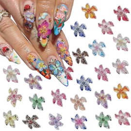 50Pcs Colorful Flower Nail Charms for Nail Art 3D Soft Relief Resin Floral Nail Rhinestones with Leopard Print Design Lily Flower Nail Gems Spring Hibiscus Nail Art Charms Cute Nail Jewels Decoration