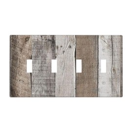 Gray Brown Wood Country Wooden Print 4 Gang Device Quad Toggle Decorative Electrical Outlet Light Switch Face Wall Plate, Unbreakable Polycarbonate Thermoplastic (Not Wood)