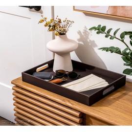 Modern 18"x12" Rectangle Brown Snake Faux Leather Decorative Tray Serving Tray with Handles Ottoman Coffee Table Dresser Living Room Kitchen Tray by Home Redefined for All Occasion's.