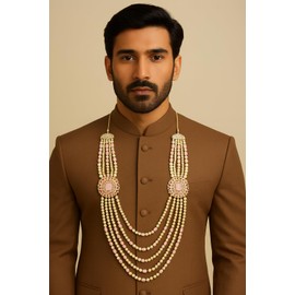I Jewels 5 Layered Gold Plated Indian Wedding Bollywood Dulha Moti Mala with Beaded Maharaja Haar/Groom Necklace For Men(MLP41Pi)