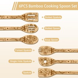 GLOBLELAND 6Pcs Bouquet Bamboo Cooking Utensils Wooden Engraved Cooking Spoons Set Lilies Roses Daisies Cosmos Kitchen Bamboo Spatula Set Wood Cooking Spoon for Kitchen House Warming Gift