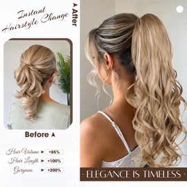 ZQIAN BEAUTY Ponytail Extension for Women, 26 Inch Long Layered Pony Tails Hair Extensions, Wavy Synthetic Drawstring Ponytail for Black Women for Daily Use (Color: Medium Blonde with Bleach Blonde)