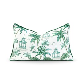 Hofdeco Premium Coastal Patio Indoor Outdoor Lumbar Pillow Cover Only, 12"x20" Water Resistant for Backyard, Couch, Green Beach Scene