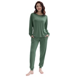 Joyaria Jogger Lounge Set for Women Ultra Soft Long Sleeve Pajamas with Pocket(Olive, Small)