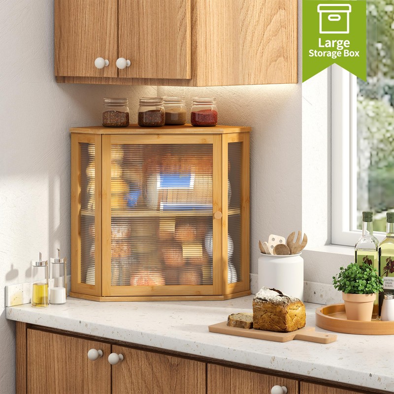 BMOSU Corner Bread Box for Kitchen Countertop Double Layer Bamboo