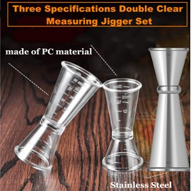 Double Clear Plastic and Stainless Steel Japanese Style Jigger, Set of 3, Cocktail Measuring Shot Glasses Drink Spirit Measure Cup for Bar Party Kitchen Tool