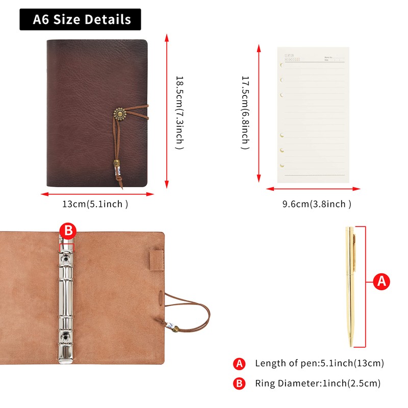 Wonderpool Leather A6 Diary Notebook Ring Binder with Pen -