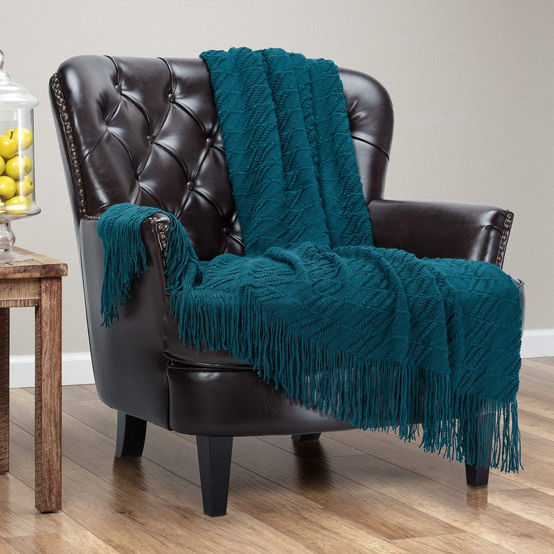Chanasya Teal Throw Blanket with Tassels - Acrylic Knitted Super