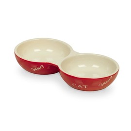 Nobby Ceramic Cat Double Bowl, 22 x 22 0.25 cm, Red/ Beige