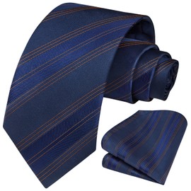 HISDERN Mens Ties Necktie and Handkerchief Set Navy Blue Bow Tie for Men Striped Business Formal Classic Silk Woven Mens Neckties for Wedding Party