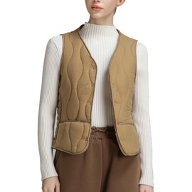 CLARKE QUEEN Quilted Puffer Vest women lightweight Fall Spring Jacket 2025 Button Padded Gilet (US, Alpha, 7X-Large, Regular, Regular, Khaki)