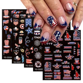 4th of July Nails Art Sticker 5 Sheets 5D Self-Adhesive Goddess of Liberty Pentacle Nail Decals with America Flag Bald Eagle Designs Tricolor Acrylic Nail Supplies for Women Girls DIY Nail Accessories