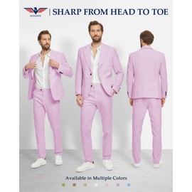 Hihawk Linen Suit for Men, 2 Pieces Casual Blazer and Pants, Summer Beach Wedding Suit Groomsmen Prom Tuxedo Light Purple