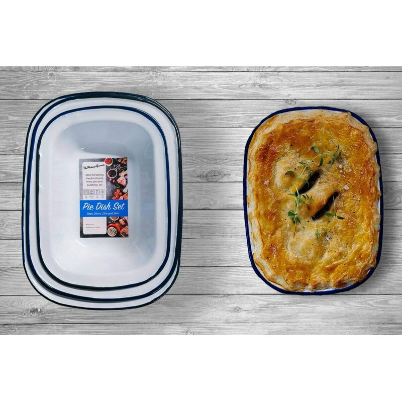 Vintage Gourmet ® Premium White Enamelware with Blue Rim, Oblong,