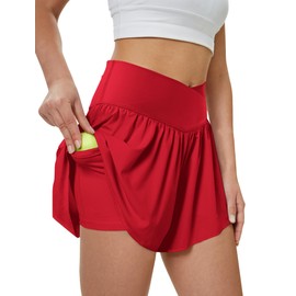 DLOODA Women's Athletic Running Shorts with Pockets Crossover Butterfly Flowy Shorts Cute Summer Skorts (Red XL)