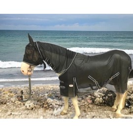 Majestic Ally Horse Fly Sheet with Neck Cover and Head Mask, Breathable UV and Bite Equine Protection, Adjustable Body Straps, Boarding or Turnout Accessory, Contoured Fit (Black, 72 Inch)