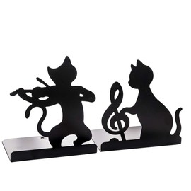 Hillento Non-Skid Bookends, Lazy Cat Playing Music Non Skid Thickening Iron Library School Office Home Study Metal Bookends, 1 Pair, Violin