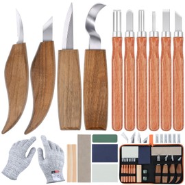 Ninonly 17Pcs Wood Carving Tools Kit - Beginner's Wood Whittling Set with 6Pcs Carbon Steel Knife, Gloves, Knife Sharpener for Spoon, Bowl, Kuksa Cup