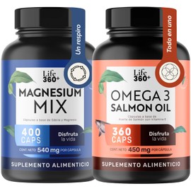 LIFE 360+ 2 Pack MagnesioBlend + Omega 3 Salmon Oil | 400 Cápsulas de Magnesio + 360 Cápsulas de Aceite de Salmón con DHA, EPA y Vitamina E | Suplemen