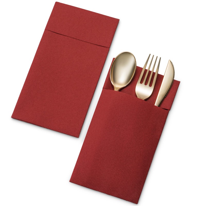 Disposable Linen-Feel Dinner Napkins With Built-in Flatware Pocket, 50-Pack BURGUNDY