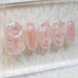 Peach-colored brilliant wuruuru handmade nail tip - long ballerina / 피치빛 영롱 우루우루 수제네일팁 - 롱발레리나