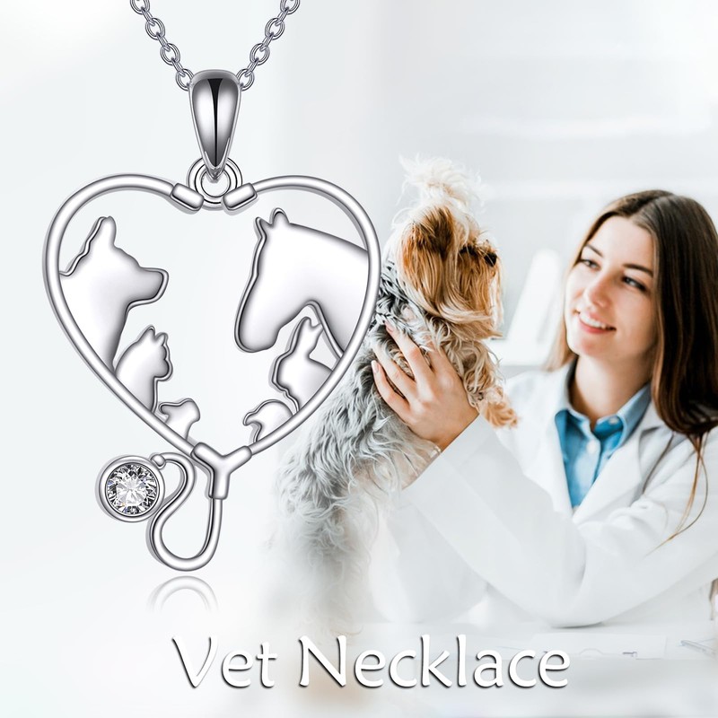 YFN Veterinary Necklace Sterling Silver Vet Techs Pendant Veterinarian Stethoscope