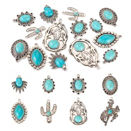 Spritewelry 16 Pieces Synthetic Turquoise Alloy Half Round Oval Horse Heart Cactus Gemstone Pendants for Earrings Necklace Jewelry Making, Stone