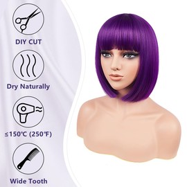 BATISI Dark Purple Bob Wig for Women 12 Inch Short Straight Wigs Flat Bangs Synthetic Colorful Costume Cosplay Daily Party Neon Wig