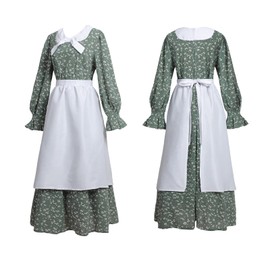 CR ROLECOS Colonial Prairie Dress Women Floral Amish Dresses Pilgrim Costume Pioneer Trek Clothing 3 Pcs Green L