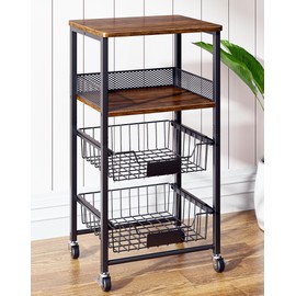 OKZEST 4-Tier Small Kitchen Storage Cart on Wheels, Rolling Pantry and Snack Organizer Cart with Pull-Out Baskets & Wood Top, Utility Kitchen Fruit Basket Stand for Fruit Potato Onion Vegetable Snack