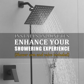 HXYHS 8 Inch Rainfall Shower Head and Handheld Spray Combo with 3-Way Diverter and Touch-Clean Nozzles, Rough-in Valve Body and Trim Included, Matte Black