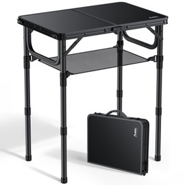 Anbte Folding Camping Table with Storage Net, Pure Black Aluminum 2ft Picnic Table 23.2" x 16" Outdoor Table Adjustable Height Max 27.5", Lightweight, Waterproof, Portable Handle for Travel Cooking