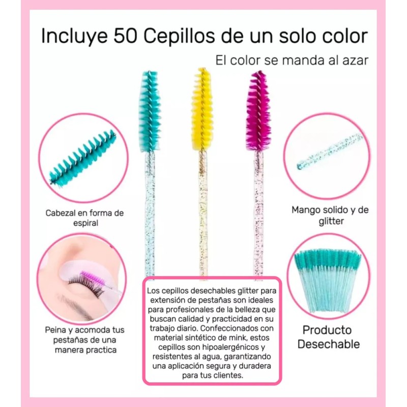100 Microbrush+ 50 Cepillos Glitter+ 8 Cintas Lash Pestañas Rosa