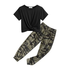 Arshiner Girls Casual Twist Front Black Tops and Camouflage Pants Outfit Sets 14 to 15 Years