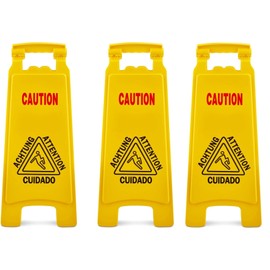 Plexon Commercial Caution Wet Floor Safety Sign, Yellow, 26.38" x 7.88" x 20.08", Double Sided, 3 Pack