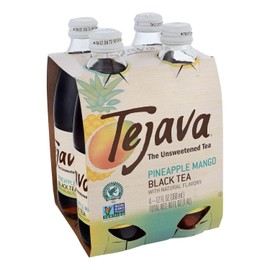 Tejava Pineapple Mango Black Iced Tea, 4 Pack, 12oz Glass Bottles, Unsweetened, Non-GMO, Kosher, No Sugar or Sweeteners, No calories, No Preservatives, Brewed in Small Batches