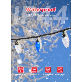 C9 LED Christmas Lights Outdoor, 68Ft 100 LED String Lights with Quick Clips, Commercial Grade Extendable Waterproof Outdoor Christmas Lights for House Outside Roofline Xmas Decorations, Blue|White