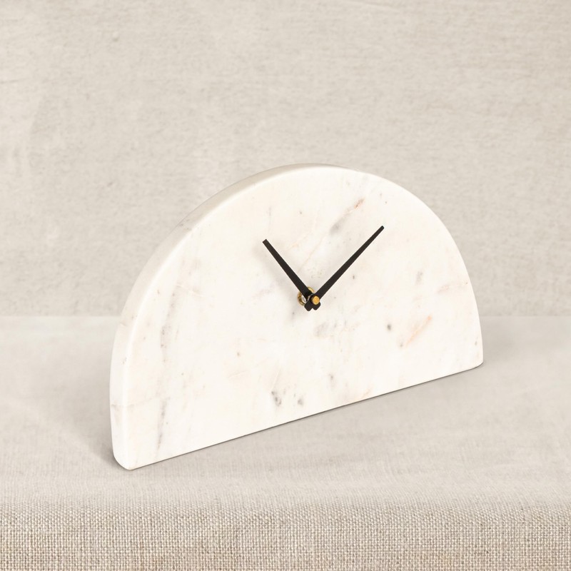Bloomingville Decorative Half Moon Marble Mantel Clock, White and Black