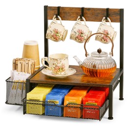 DGWJSU Tea Bag Organizer, Wood Tea Organizer and Storage Cheast, Tea Bag Holder with Storage Drawer, 4 Hooks for Tea Cups Holder, Tea Station Chest Display Container Box for Countertop Kitchen, Brown