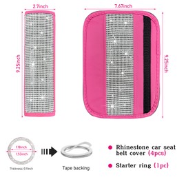 Kewucn Bling Car Seat Belt Shoulder Pads, PU Leather Crystal Rhinestone Auto Seatbelt Covers with Glitter Start Button Ring, Universal Diamond Vehicle Decor Accessories 5 Pack Set for Women (Pink)